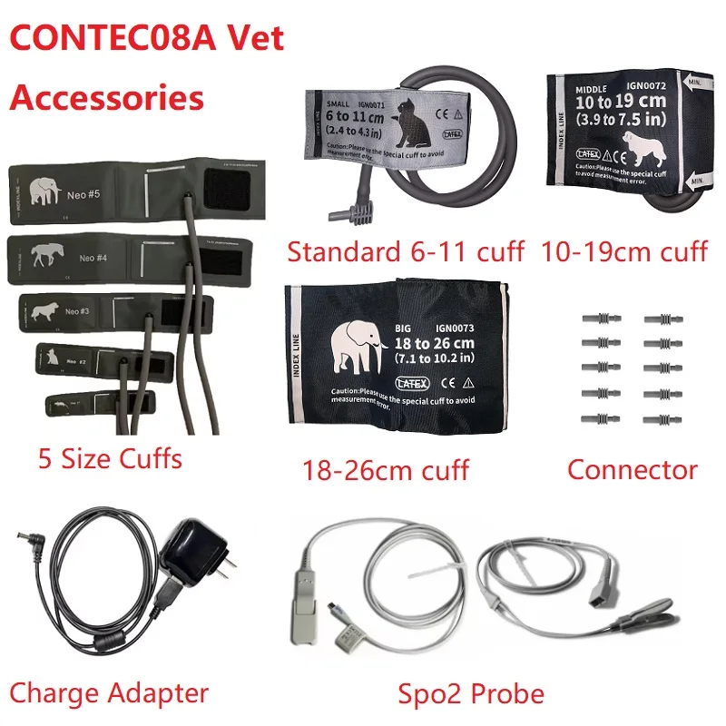 

Аксессуары для CONTEC 08A Vet Use Монитор артериального давления, манжеты для животных, зажим для зонда Spo2, адаптера для зарядки, пластикового разъема