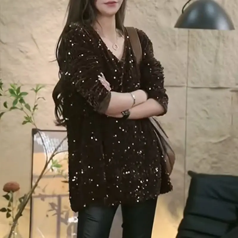 

Женская одежда, винтажная элегантная шикарная базовая футболка с разрезом, женская однотонная туника с v-образным вырезом и длинными рукавами, топы большого размера TT240