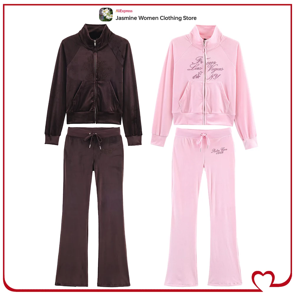 

Women's Comfy Autumn Co Ords Sporty Velvet Pant Sets High Collar Text Velvets Jacket and Drawstrings Pants with Embroidered Text