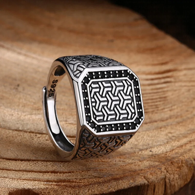 BOCAI S925 Sterling Silver Rings for Men Women Weaven Pattern Inlaid Micro Black Zircon New Fashion Punk Jewelry Wholesale