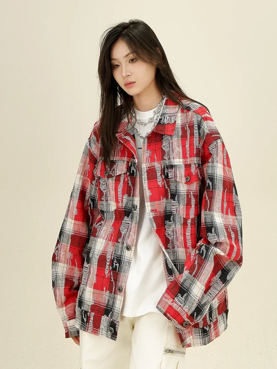 Frayed Plaid Long-sleeved Shirts Women's 2024 Autumn New Loose Bf American College Style Couple Top