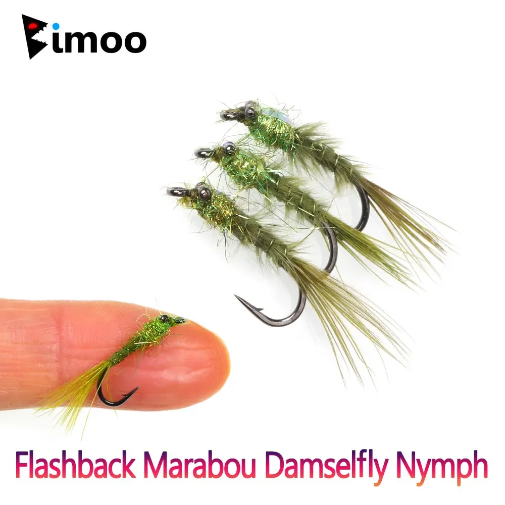 Bimoo 6pcs #12 Chainbead Eyes Flashback Marabou Damselfly Nymph Olive Hackle Nymphs For Panfish Bass Fishing Lures Baits