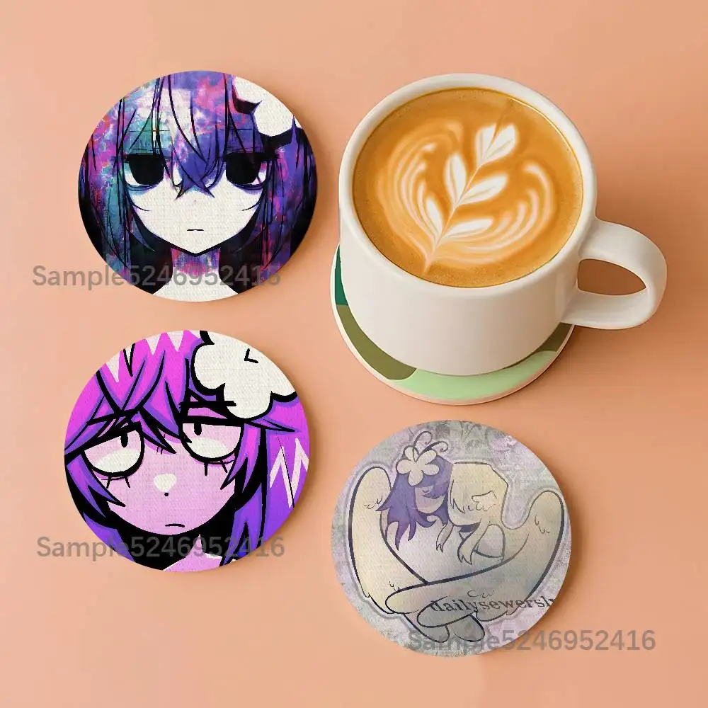 

S-Sewerslvt Draining Love Story Round Wooden Coasters Heat Resistant Non-slip Drink Cafe Decoration 2D Flat Color Print Set