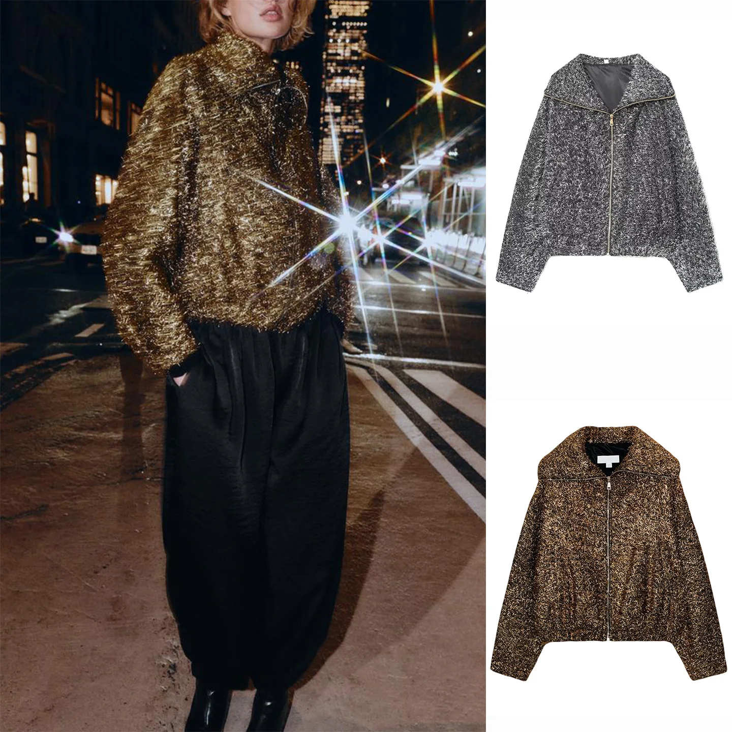 เสื้อโค้ทผู้หญิงแบบมีซิป แขนยาว คอตั้ง สไตล์นักบิน แฟชั่นลำลอง ความยาวปานกลาง ผลิตจากเส้นใยโพลีเอสเตอร์ สำหรับฤดูหนาว