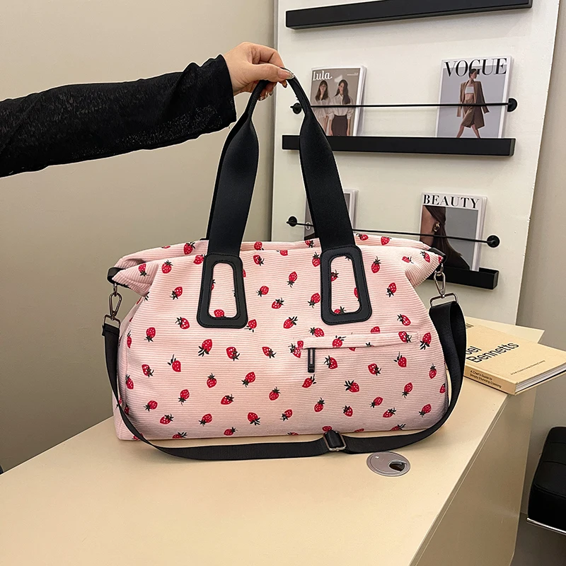 

Casual Large Capacity Flannel Travel Tote Bags Leopard Strawberry Bow Patterns Personality 2025 Hot Trendy Women's Shoulder Bags
