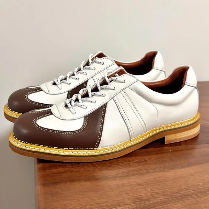 

White Brown Color-mixed Sneakers Retro Small Round Toe Lace-up Trainers Man Sneakers Genuine Leather Casual Shoes Men's Shoes