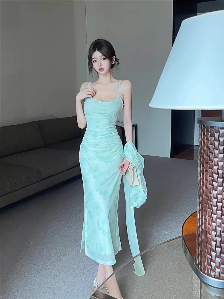 2026 Nuova Primavera Estate Verde Rosa Stampa Vestito da Vacanza 2 Pezzi Abito Lungo Senza Maniche e Camicia da Sole a Maniche Lunghe Chic 2 Pezzi Set di Gonne