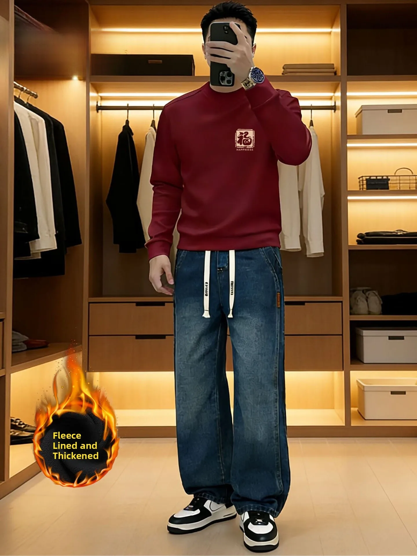 

Мужской комплект из свитшота с начесом свободного кроя и джинсов, повседневная спортивная одежда, костюм-двойка для молодежи, зимняя одежда