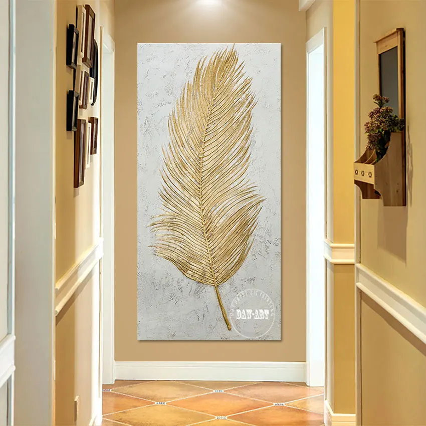 Abstract Golden Feather Knife Oil Painting, China Import Item Decoration, Unframed Canvas Artwork, Wall Picture, Art Design