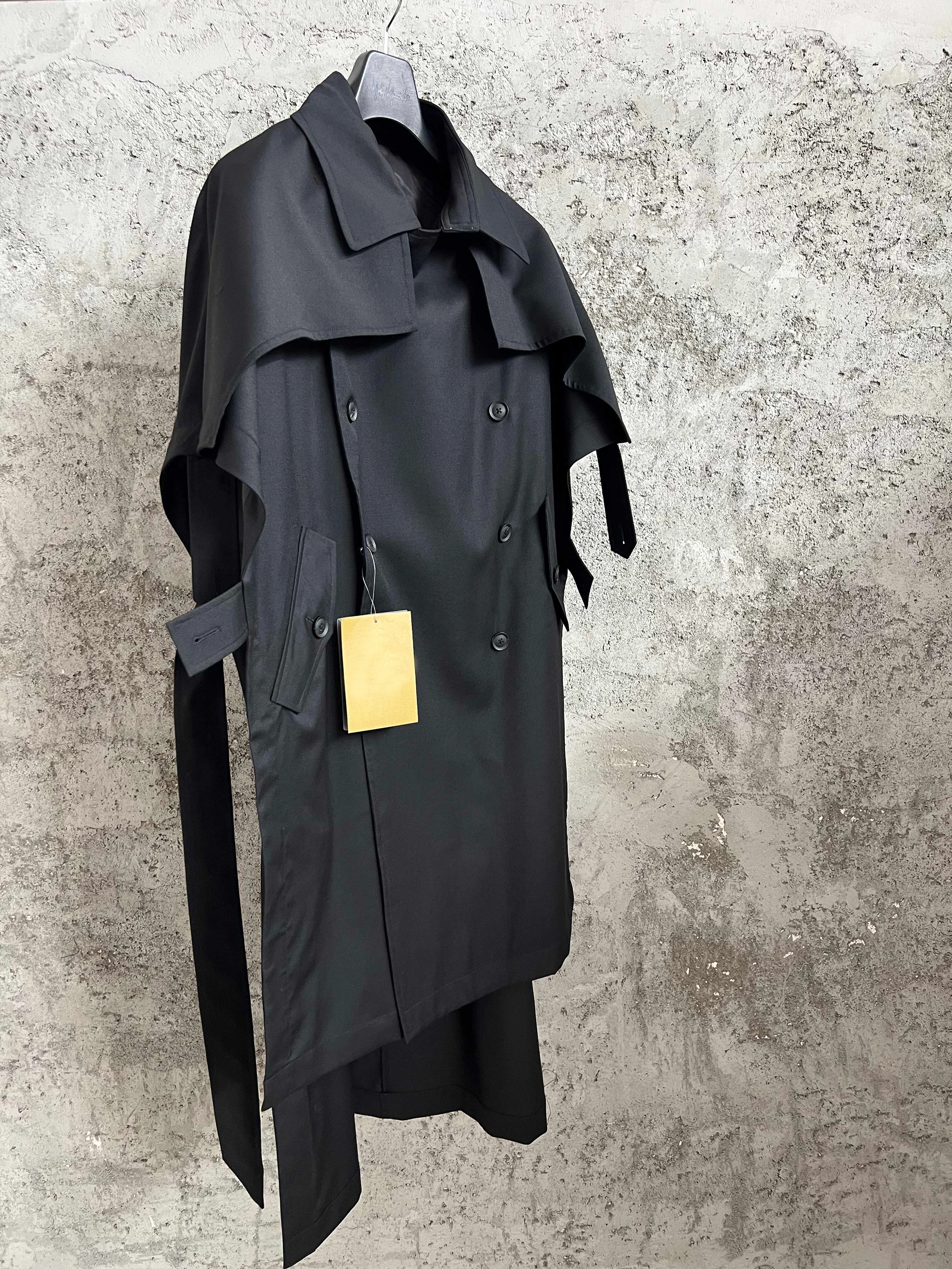 TOP-YAMAMOTO Japanese original design Dark style loose wool mixed tie double-breasted overcoat for men