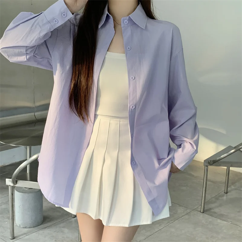 Women Summer Office Lady Fashion Loose Solid Color All-match Polo-Neck Long Sleeve Shirts Ladies Casual Appear Thin Trend Tops