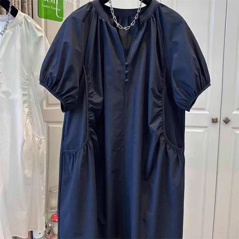 女性 2026 夏シャツドレスファッションルーズカジュアルバブルスリーブ白ダークブルー半袖スカートドレス女性