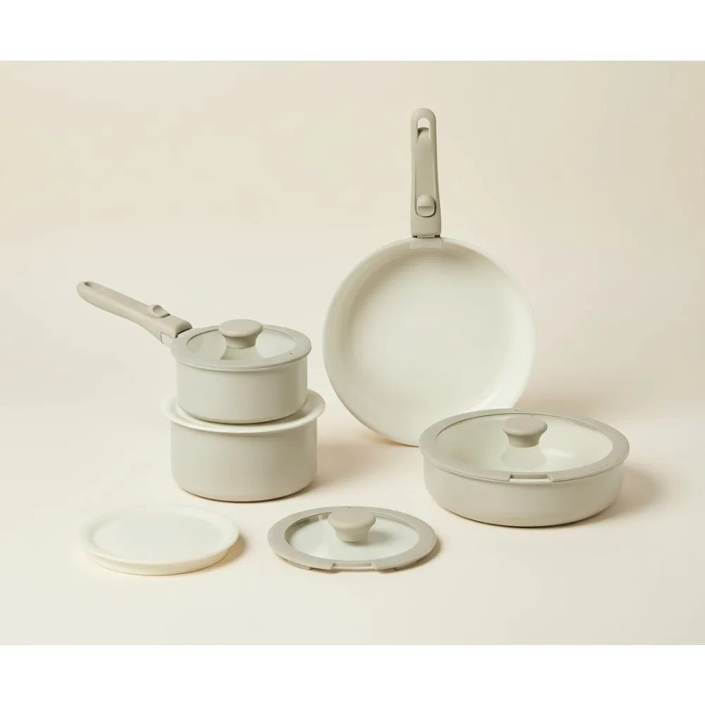 

11-Piece Ceramic Nonstick Cookware Set with Detachable Handles, Stackable & All Cooktop Friendly for Home Chefs