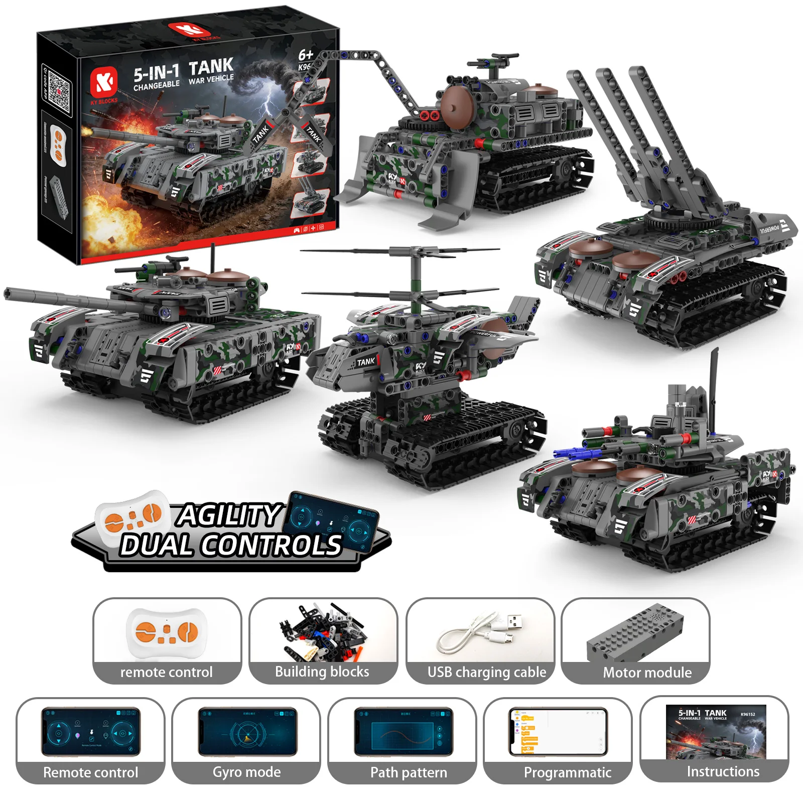 

K96152 389Pcs Remote Control Building Blocks App Programming Tank 5-In-1 Construction Toys Educational Bricks Gift For Boys Kids