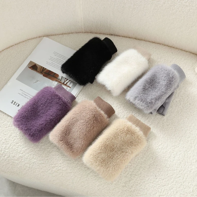 Korean Women's Autumn Winter Suede Imitation Rabbit Fur Plush Gloves For Outdoor Cycling Thicken Touch Screen Driving Windproor