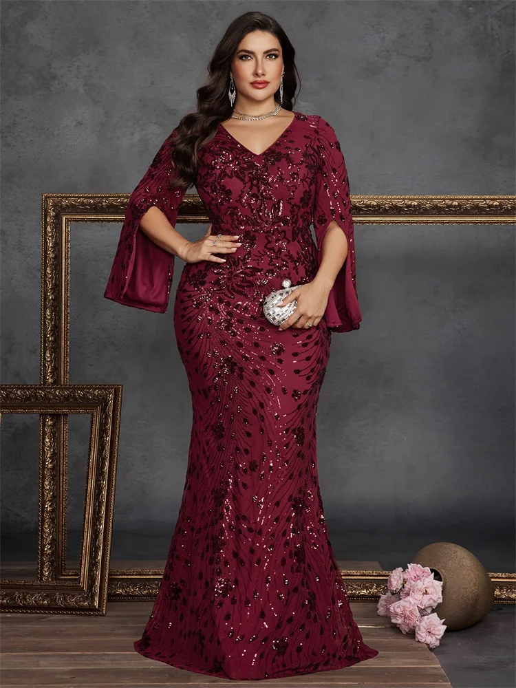 BLUEPLUM Plus Size Luxury Black Evening Dresses Women Long Sleeve Mermaid Formal Sequins Prom Wedding Party Cocktail Gowns image 3