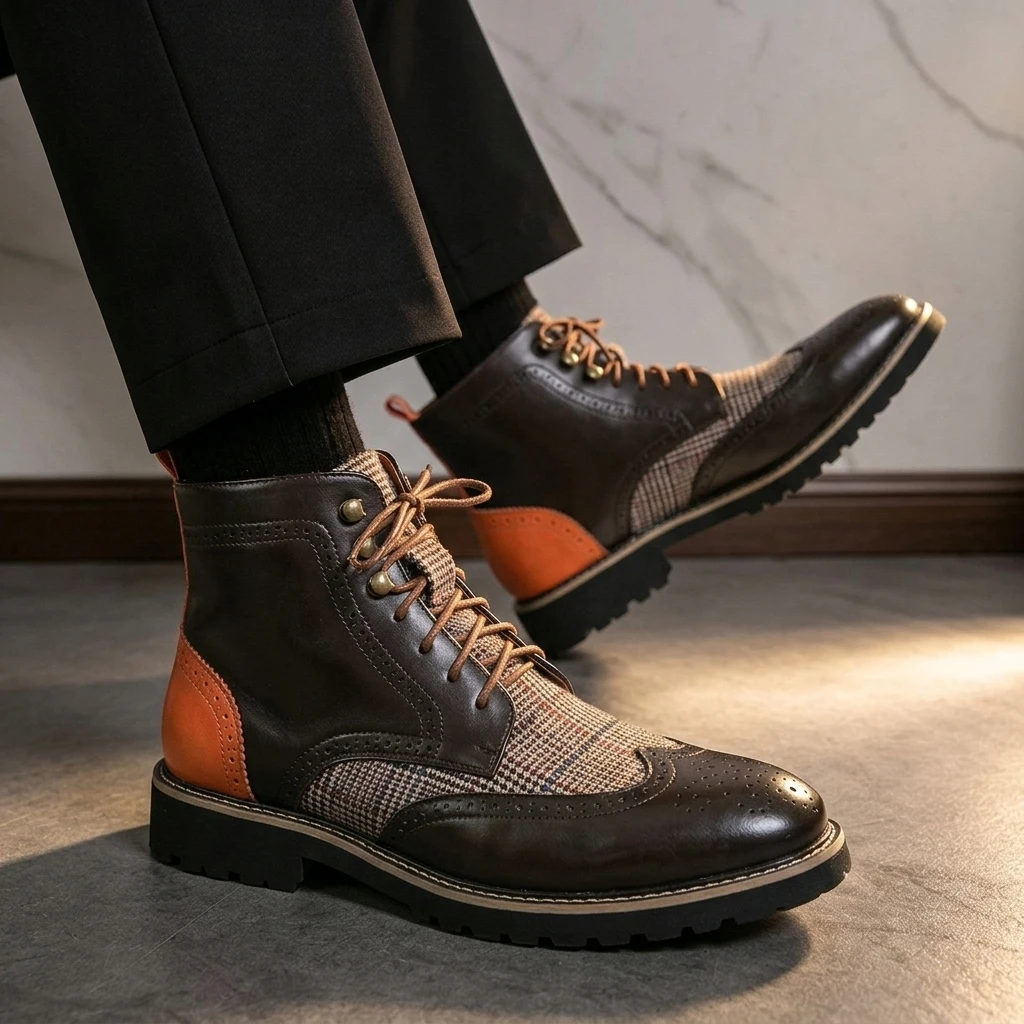 Retro Fashion Men Boots Brown Lace up Business Office Chelsea Boot Spliced Thick Sole Non slip Formal Boots Size 38-48 Men Boots
