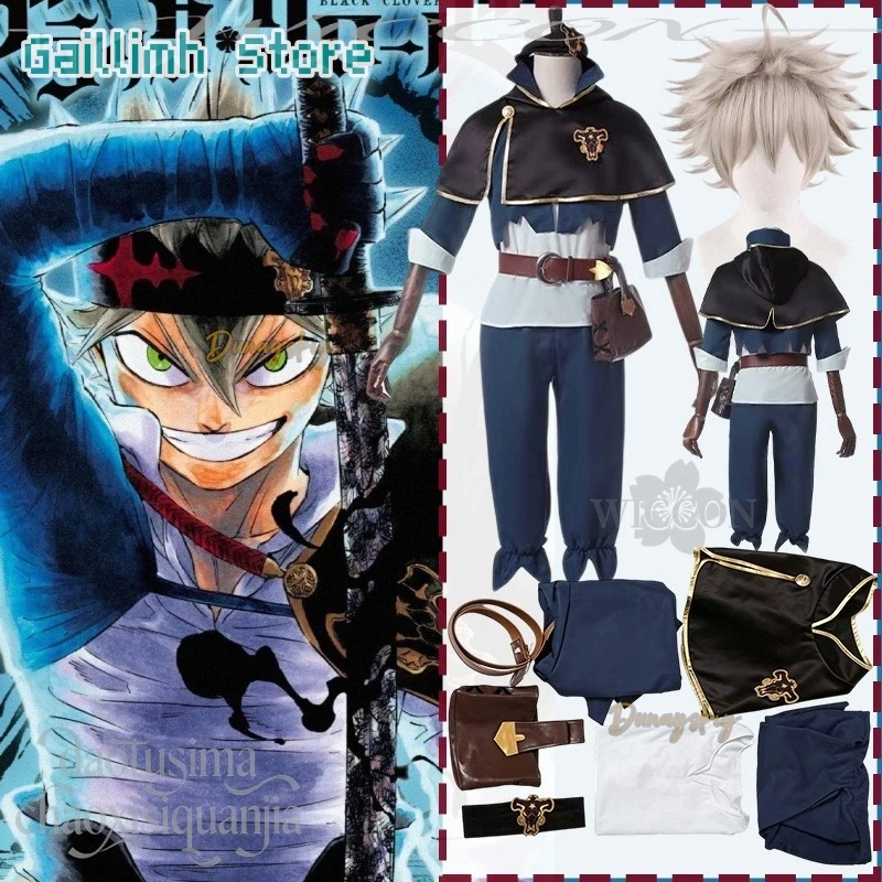 

Черный аниме Claver Косплей Asta 코스프레 Боевая форма Черная накидка Пояс Сумка Брюки Серый Короткий парик Рождество Хэллоуин Вечеринка Cos