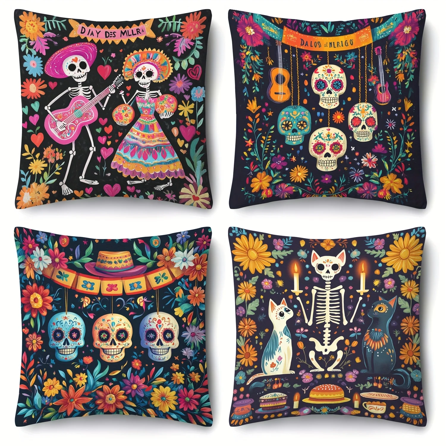 4 Day of The Dead Skull Pillowcases 18X18 Inches, Mexican Style Pillow Cover Dia De Los Muertos Decorative Skull Head