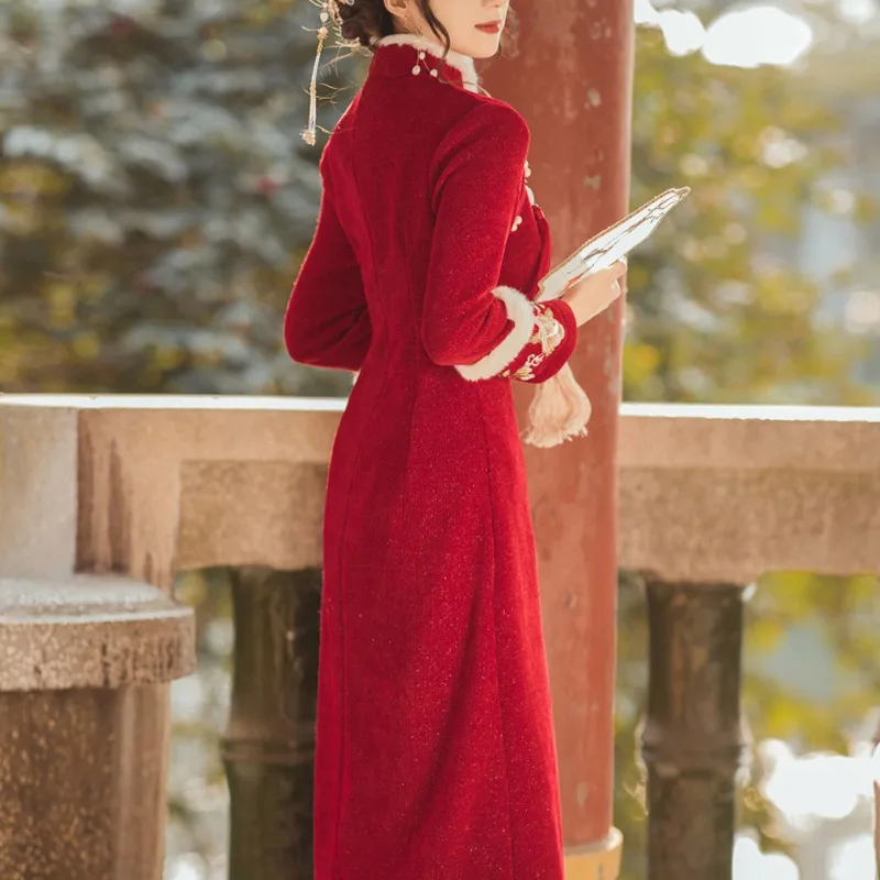 Женское новогоднее платье Cheongsam для косплея, утолщенное зимнее платье с длинными рукавами, тонкое элегантное китайское традиционное Ципао для новогоднего наряда