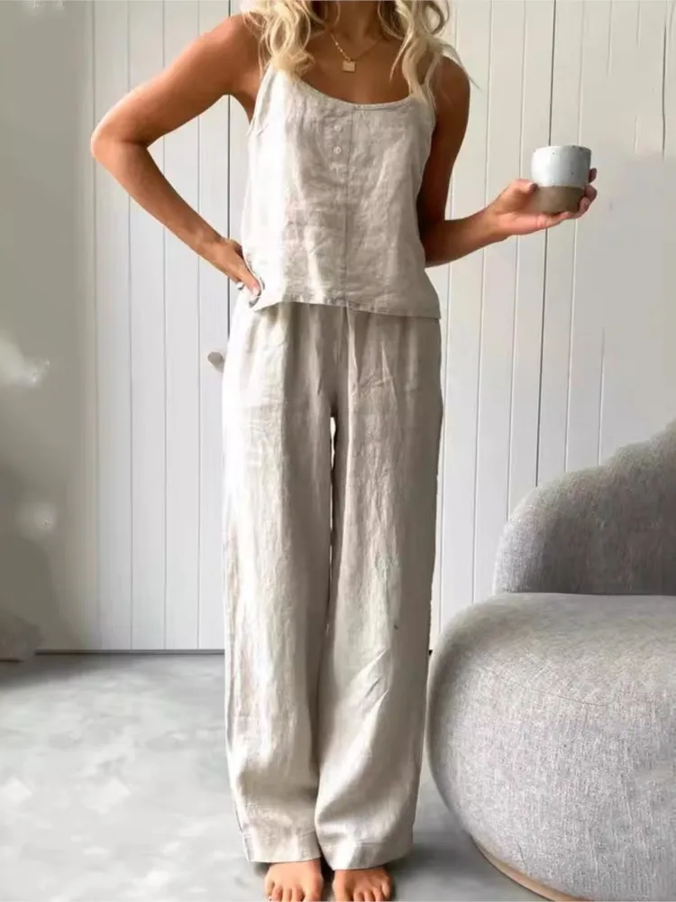 

Fashionable Sleeveless Suspender Short Top + Wide-leg Pants 2-piece Set For Women Elegant Summer Solid Color Loose Suit Female