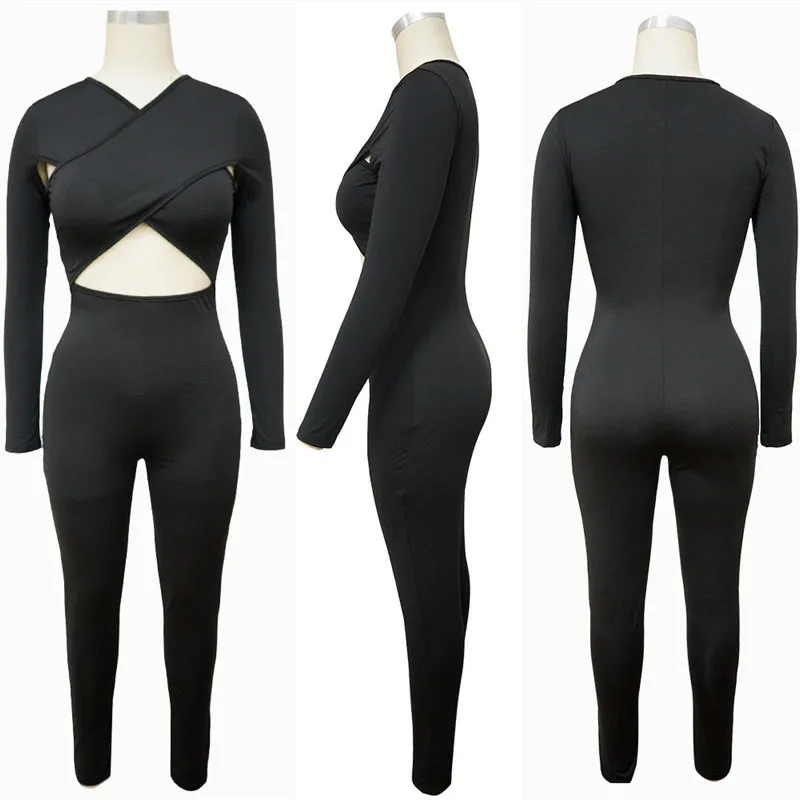 Feste Bandage Aushöhlen Bodycon Overall Frauen Langarm Dünne Strampler Frauen Overalls Einteilige Overalls Party Club Outfits