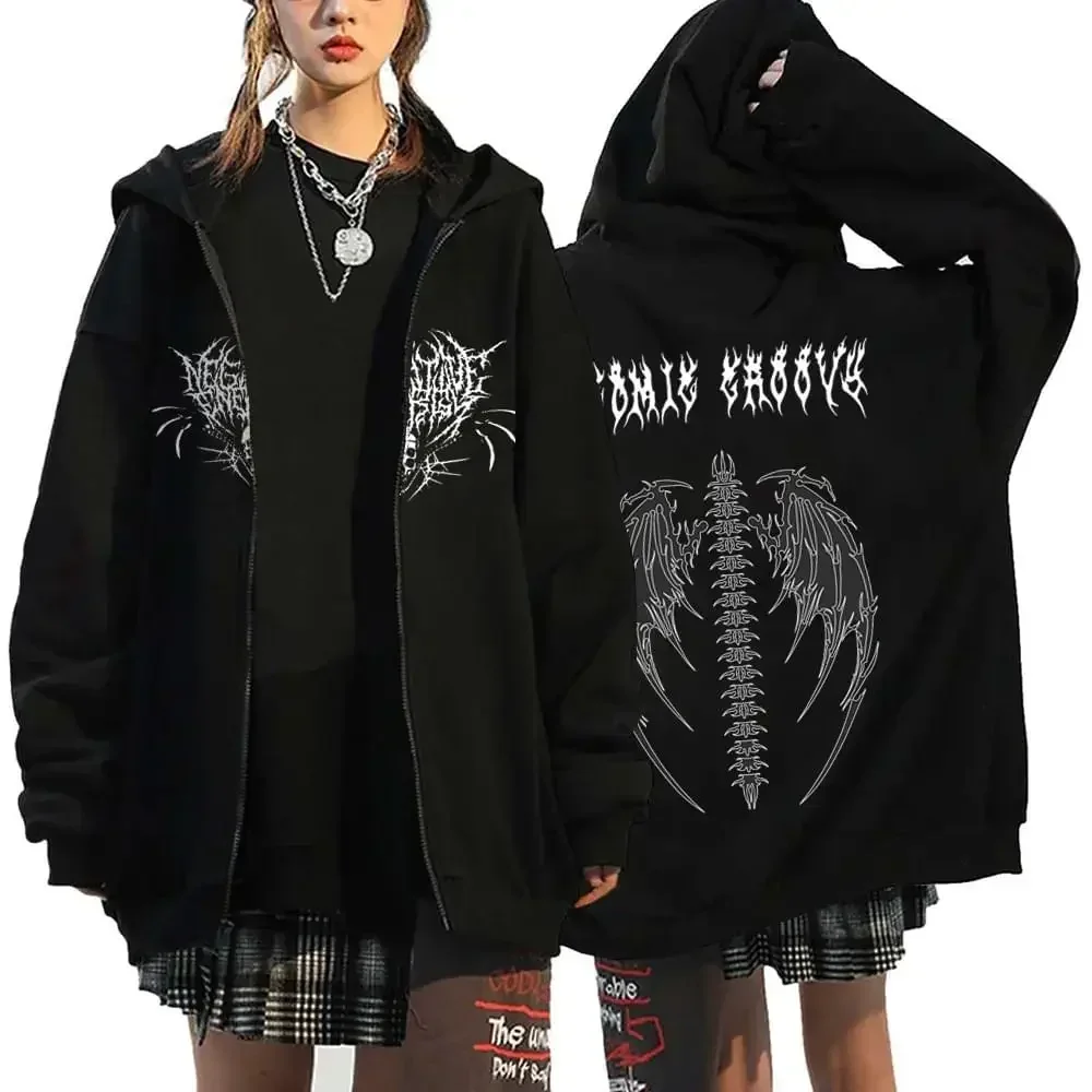 Gothic Skeleton Hoodies Female Skull Wing Zipper Jacket Streetwear Y2k Hoodie Spring and Autumn Sweatshirts Thin Fleece Sweater