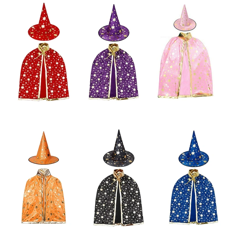 2pcs Kids Children Halloween Witch Hats+Cape Masquerade Wizard Hat Cosplay Costume Halloween Party Fancy Dress Decor