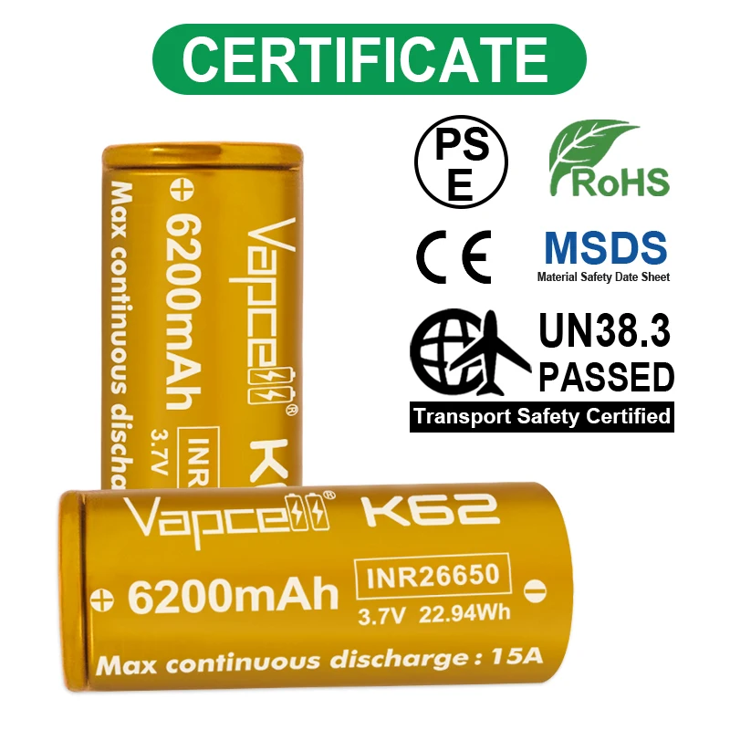 1-10pcs Highest Capacity Vapcell K62 26650 6200MAH 15A lithium battery 3.7V 26650 Rechargeable Battery Cell  for flashlight