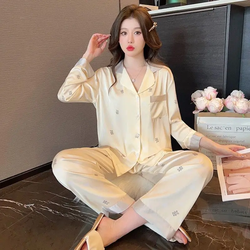 Women Spring Autumn Two Pieces Sets Pajama Long-sleeved Cardigan Lapel Trouser Homewear Thin Loose With Bear Silk Soft Homecloth