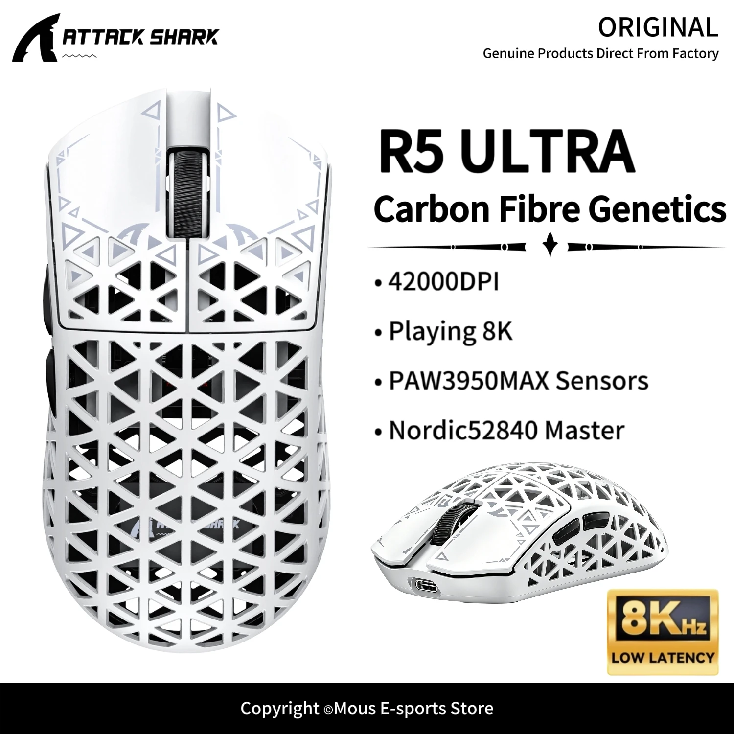 

R5 ULTRA ATTACK SHARK Carbon Fibre Gaming Mouse PAW3950Max Sensors 42000DPI Nordic52840 Master and 8K Hz for Wireless Mouse