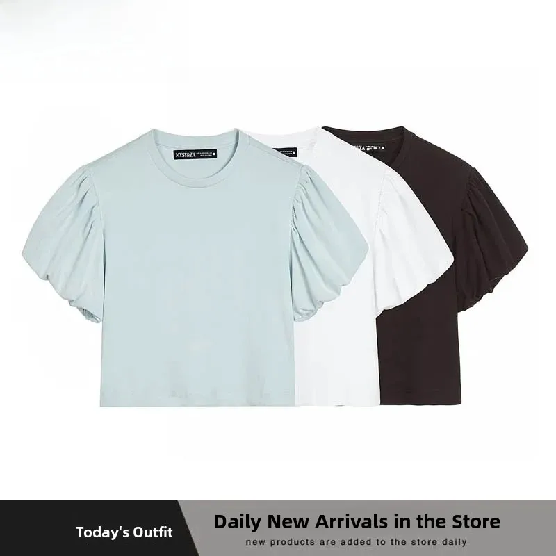 Spring Summer New Arrival Women's Fashionable Short Sleeve T-Shirt Multi-Color Fluffy Sleeve Casual Loose Fit round Neck Poly...