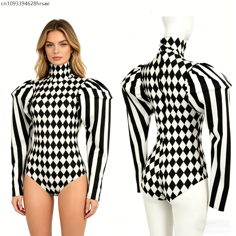 

Women's Striped Diamond Patchwork Bodysuit Sexy High Neck Puff Sleeve Jumpsuit With Shoulder Pads Gothic Clown Cosplay Costume