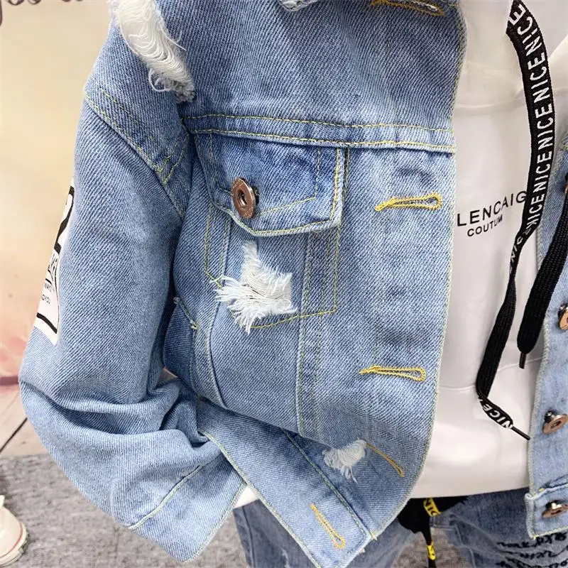 3Pcs/set Children\'s Spring Fall Clothing Boys Denim Jacket Girls T-shirts Hooded Sweatshirt+Denim Jacket + Jean Pant Kids Suits