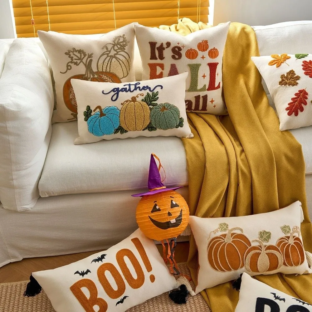 New Pumpkin Tufted Autumn Pillowcase Maple Leaves Rustic Style Cushion Cover Halloween Soft Pillow Covers for Farmhouse