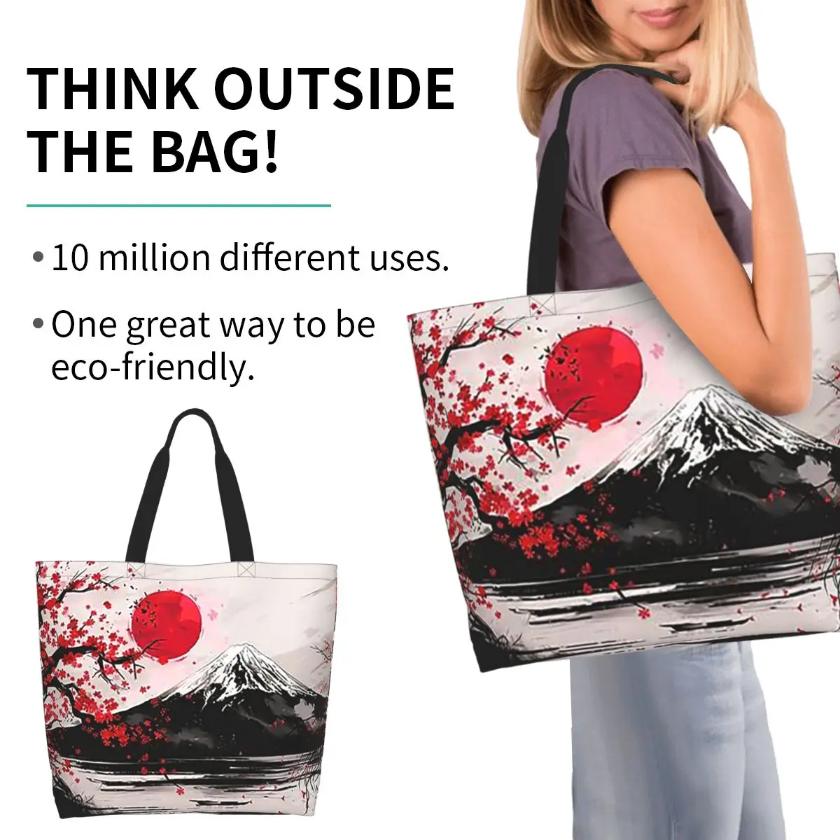 Japan Sakura Cherry Blossoms With A Red Rising Sun Shopping Tote Bag Canvas Shoulder Bags Shopper Grocery Handbag for Women