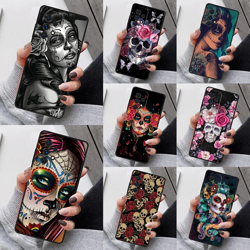 Catrina-Coque de téléphone pour Samsung, belle rose, fille, crâne, Galaxy S23, S21, S20 FE, S24, S22 Ultra, Note20, S10, S9 Plus, A40, A52, A13, A53