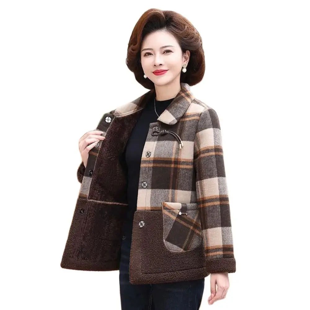 

Mom's Autumn And Winter Fleece Plaid Woolen Coat, High-end Middle-aged And Elderly Women's New Western-style Warm Coat Tide.