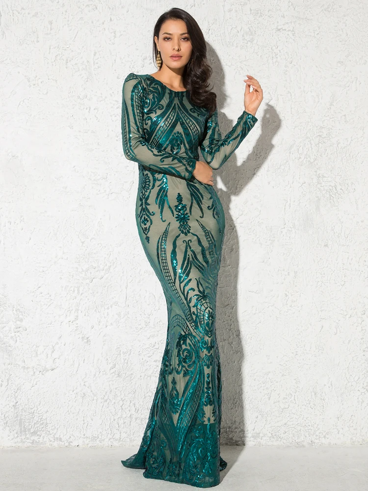 Long Sleeve Stretch Sequined Evening Dress Modest Elegant Floor Length O Neck Prom Gown