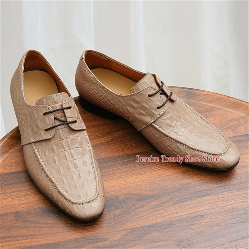 

British Style Crocodile Pattern Business Dress Shoes Trendy Versatile Pointed Toe Cowhide Derby Shoes Party Banquet Oxfords