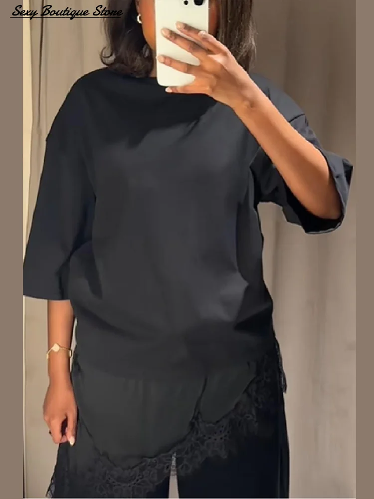 

New Casual Fashion Blouse Top For Women O Neck Solid Lace Edge Shirt Irregular Hem Casual Tops 2025 New Lady Fall Winter Tops