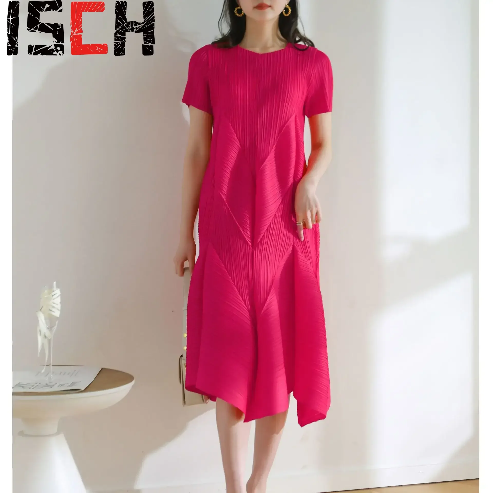 ISCH Miyake Pleats Dress Summer High-end Pleats Classic Hand-pressed Pleats Large Size Loose Casual Fashion Bud Dresses Clothing