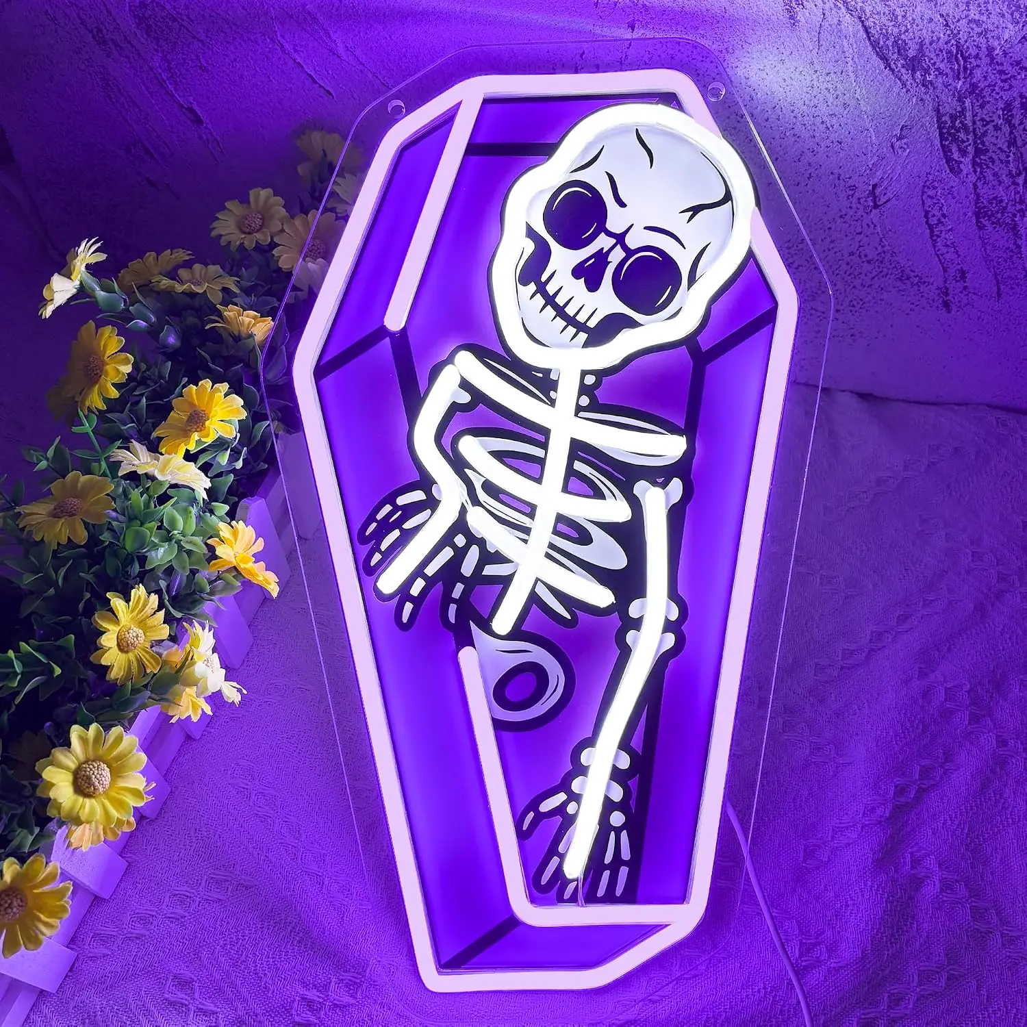 Coffin Neon Sign Skeleton LED Glowing Sign for Halloween Party Gothic Home Bedroom Bar Man Cave Decor USB Powered Neon Light