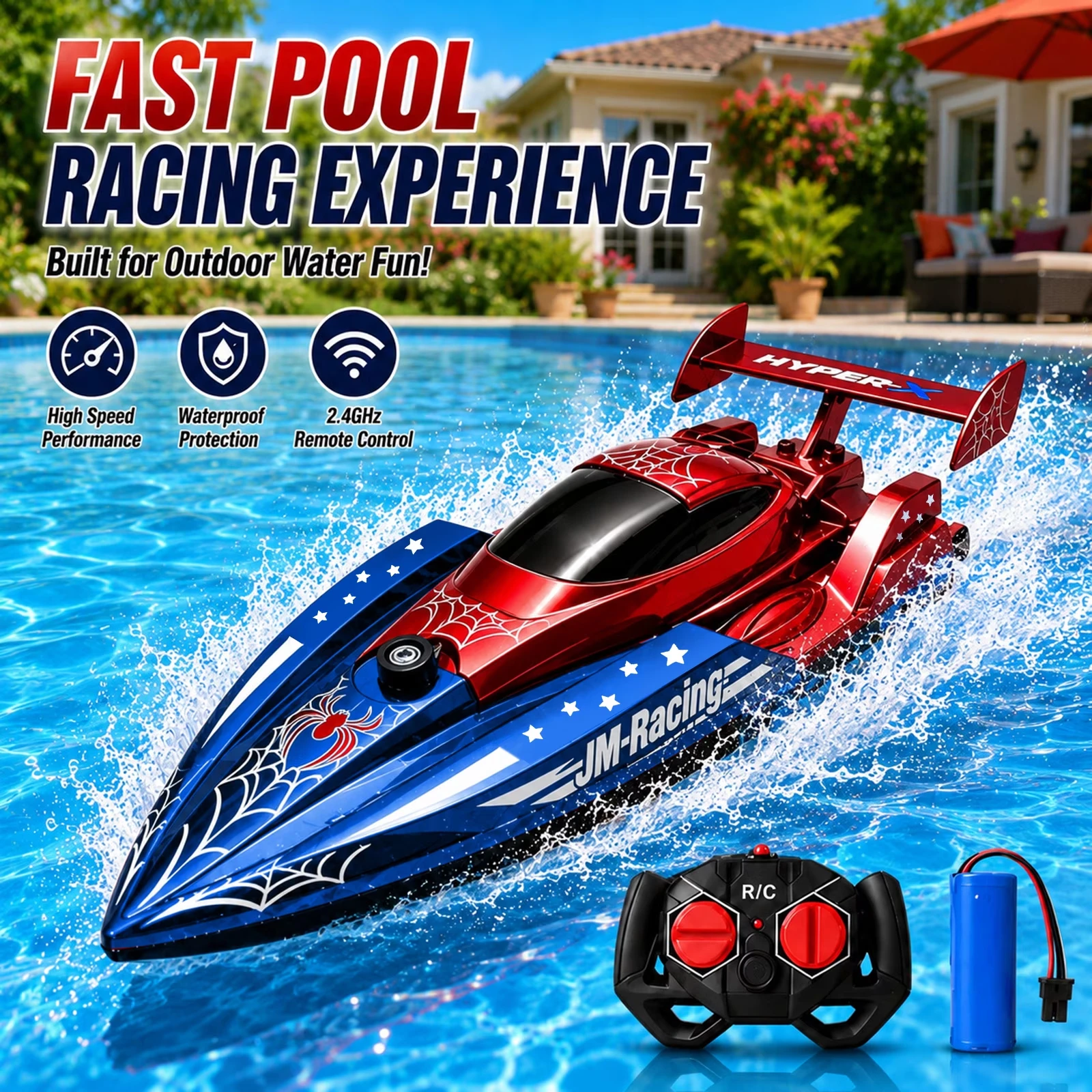 RC Boat for Kids 2.4GHz Remote Control Racing Speed Boat Rechargeable Electric Water Toy Spider Boat Pool Lake Outdoor Toy Gift