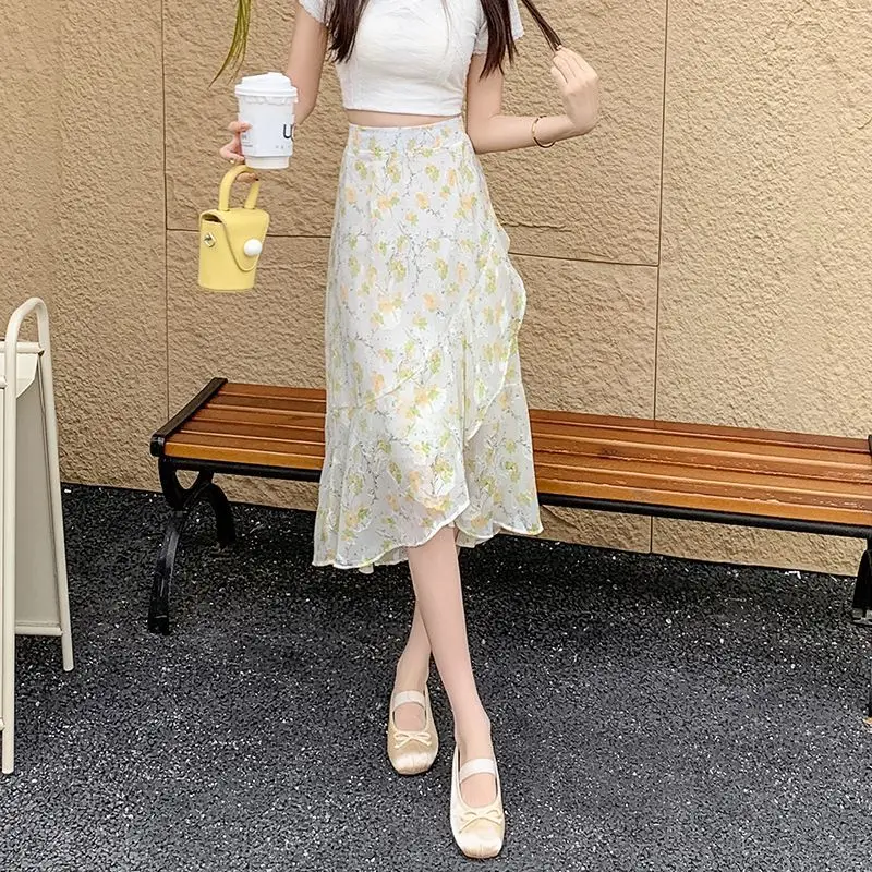 Gonna in chiffon da donna Midi con volant floreale Gonne femminili Estate 2025 Nuovo in una linea economica V Alta qualità Chic ed elegante Modesto