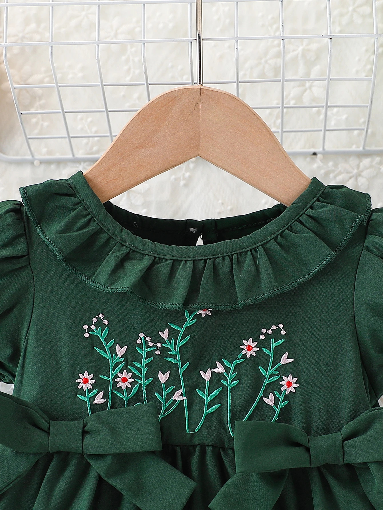 Baby Girl Fashion Puff Sleeve Princess Dress Embroidered Flower Dress Green