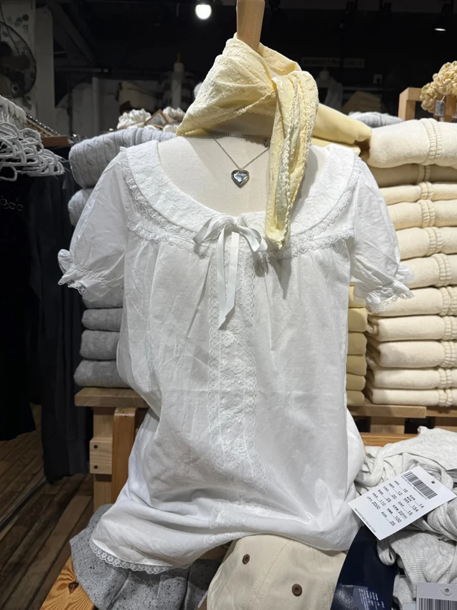 

White Lace Trim Thin T-shirt Blouse Women Bow Peter Pan Collar Single Breasted Cotton Tee Vintage Solid Sweet Puff Sleeve Shirts