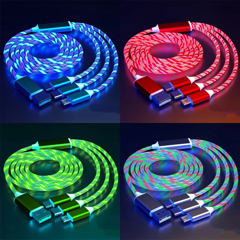 Cabo led brilhante 3 em 1 para samsung, xiaomi, iphone, luz fluida, carregador rápido, cabo usb c, cabo luminoso tipo c