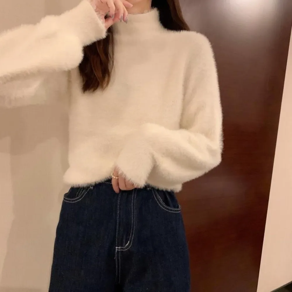 Thick Warm Mock Neck Sweater Fuzzy Texture Soft Material Fuzzy Knit Jumper Long Sleeve Casual Style Loose Fit Sweater 5