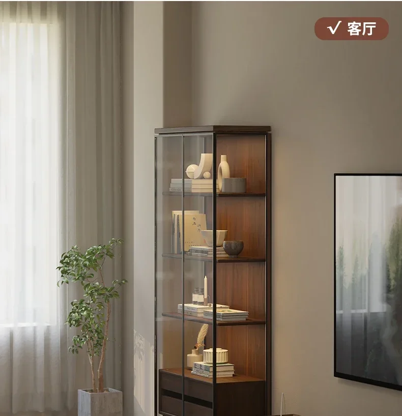 

2003Solid Wood Floor Bookcase Black Walnut Display Cabinet Made of Glass Entire Wall Living Room Tea Set Assembled Cabinet